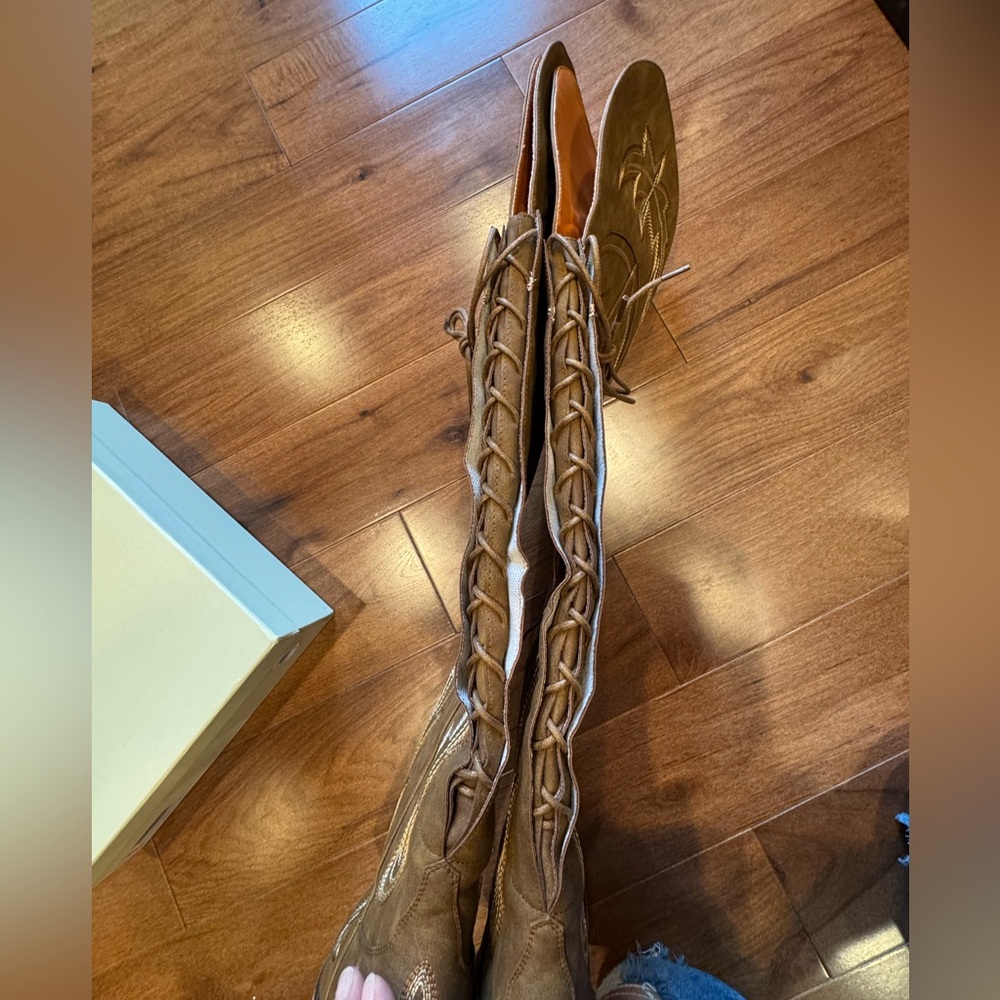 NIB Thigh High Brown Embroidered Cowboy Boots - Picture 8 of 15